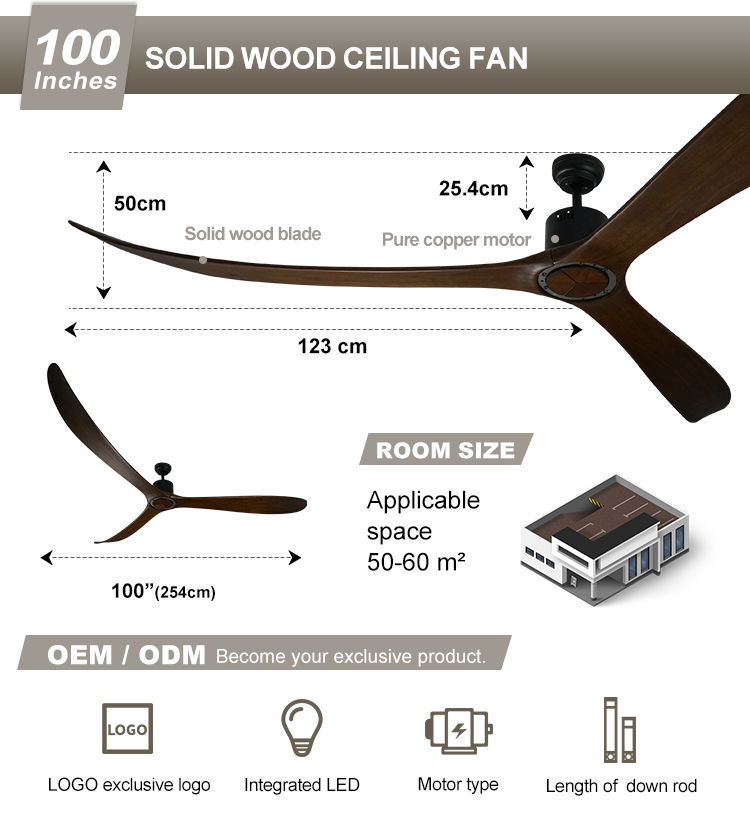 Meeting Room 100 Inches Ceiling Fan with Remote Control 35W Power and Wooden Blades