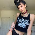 Skull Print Women Crop Top Shirt U Collar Contrasting Color