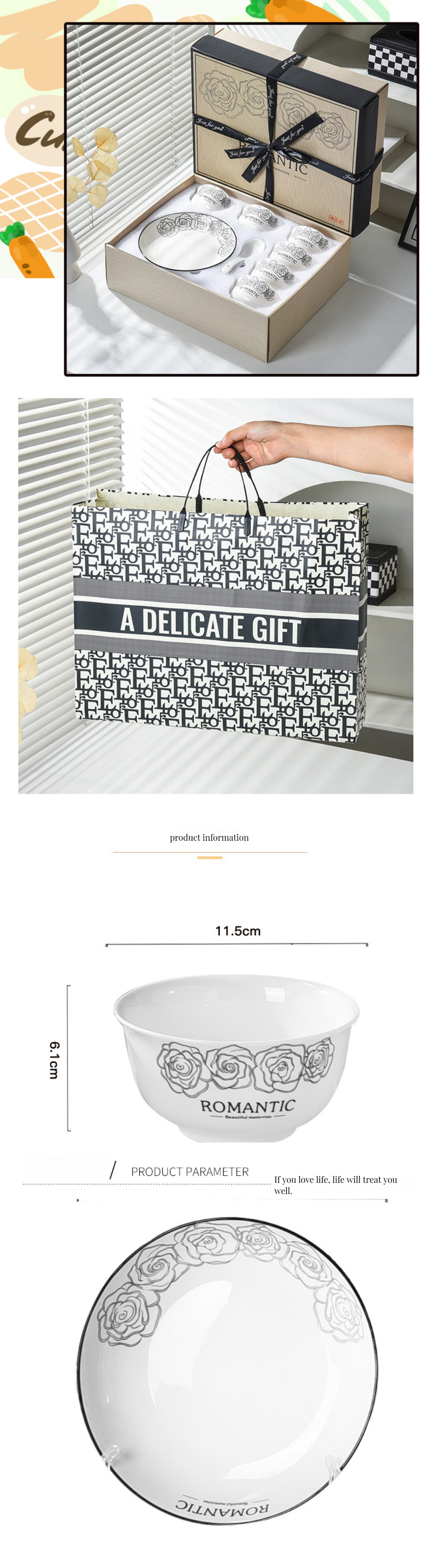 Customized Cute Bowls Dishes Plant Cartoon Decal Print Made of Smooth Stoneware for Kitchen