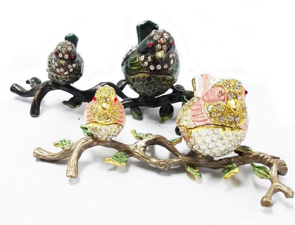Mun and baby birds design jeweled box enamel birds trinket box with crystals