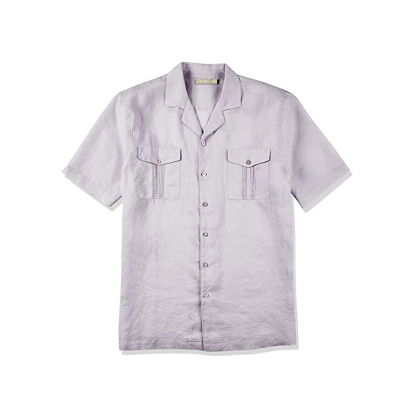 Pleats Laces Short Sleeve Guayabera Mens Linen Camp Collar Shirt With 2 Pockets