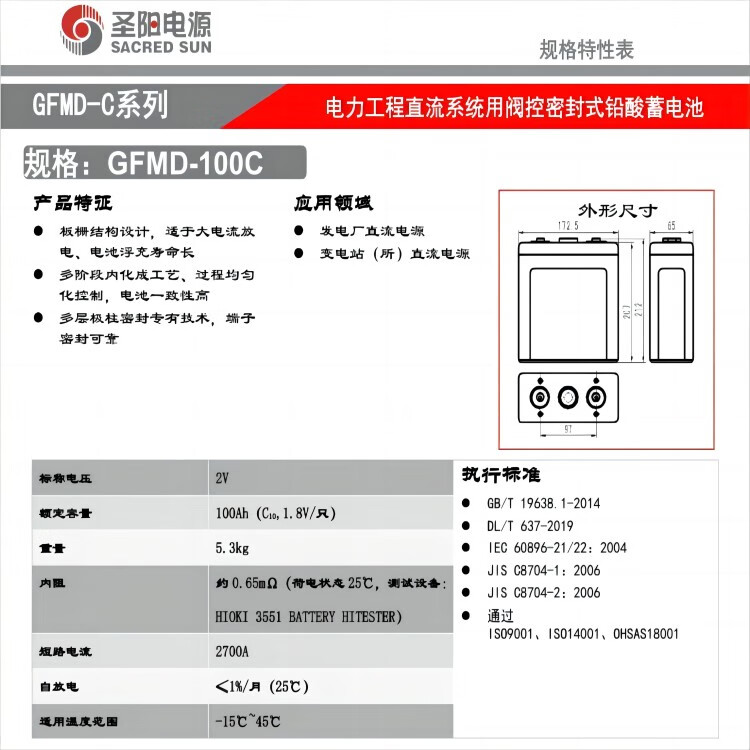 65mm Width Sacred Sun GFMD-100C 2V100Ah Lead Acid Battery for UPS Power Communication