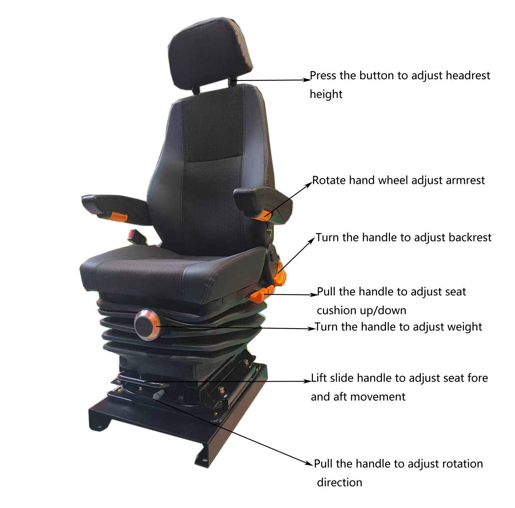 Black PU Locomotive Seat Swivel Railway Air Ride Seats With Sliding Rail