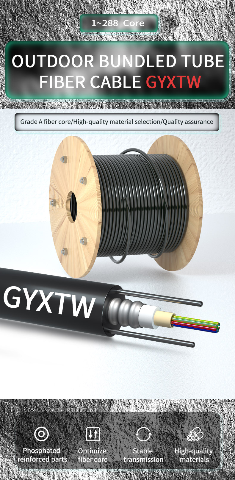 High Speed HXCOWO Aerial Single Mode GYXTW Outdoor 12Core G652D Tube HDPE Jacket Armoured Fiber Optical Cable
