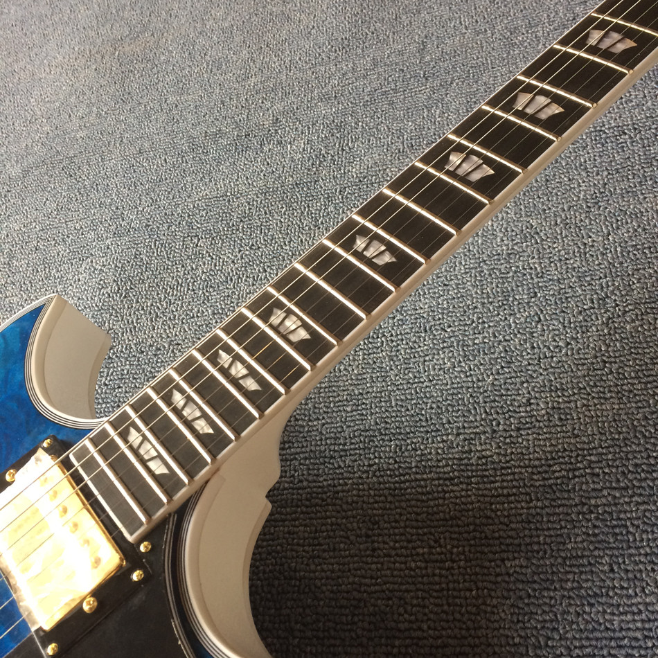High quality Jazz Electric Guitar with Bigsby, Ebony Fingerboard, Guitar Quilted Maple Trans-Blue burst color