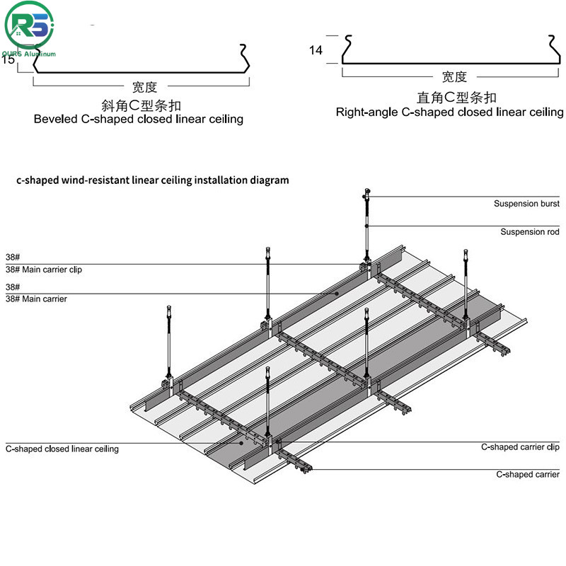 Metal Strip C Shaped Alum Strip Ceiling System Thickness 0.6mm-1.2mm Suspended Ceiling Tiles