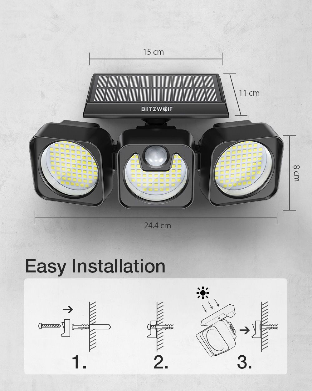218LED 3 Heads 650lm Solar Power LED Lamp 1.3W IP64 Waterproof Wall Light