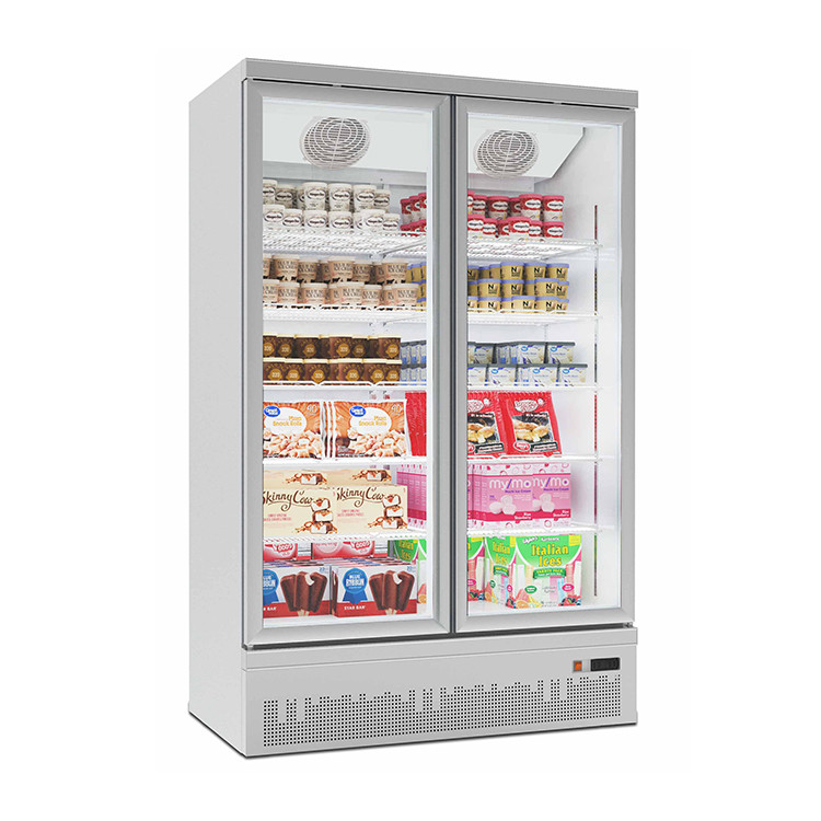Digital control glass doors deep freezer frozen food display refrigerator with fan cooling