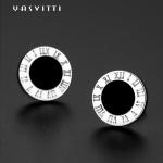Stainless Steel Round Black Enameled Roman Numbers Stud Earrings