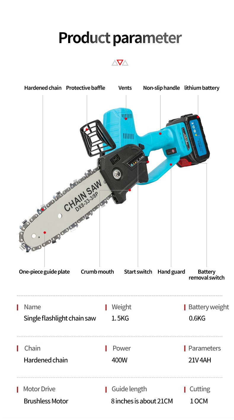 8 Inch Electric Saw Chainsaw 400W Rechargeable Brushless Motor Woodworking Cutter Garden Tool For Makita 21V Battery