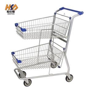 Quality 180L 2 Tier Double Basket Metal Shopping Cart With Wheels Trolley For Retail Shop wholesale