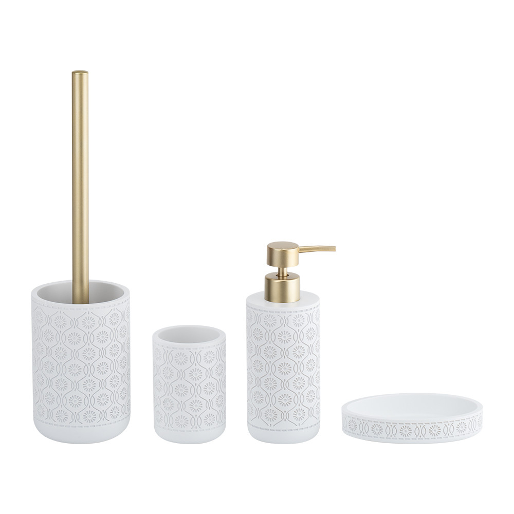 Polyresin bathroom accessories set with a vintage pattern hand soap bottle toothbrush tumbler