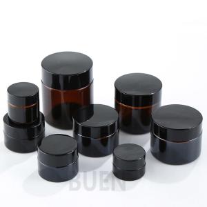 Quality Cylinder Amber Face Cream Glass Cosmetic Jars With Black Lid ISO90001 wholesale