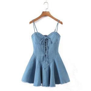 Quality OEM Street Style Denim Slip Dress Hot Girl Spring Summer Denim Tie Waist Dress wholesale