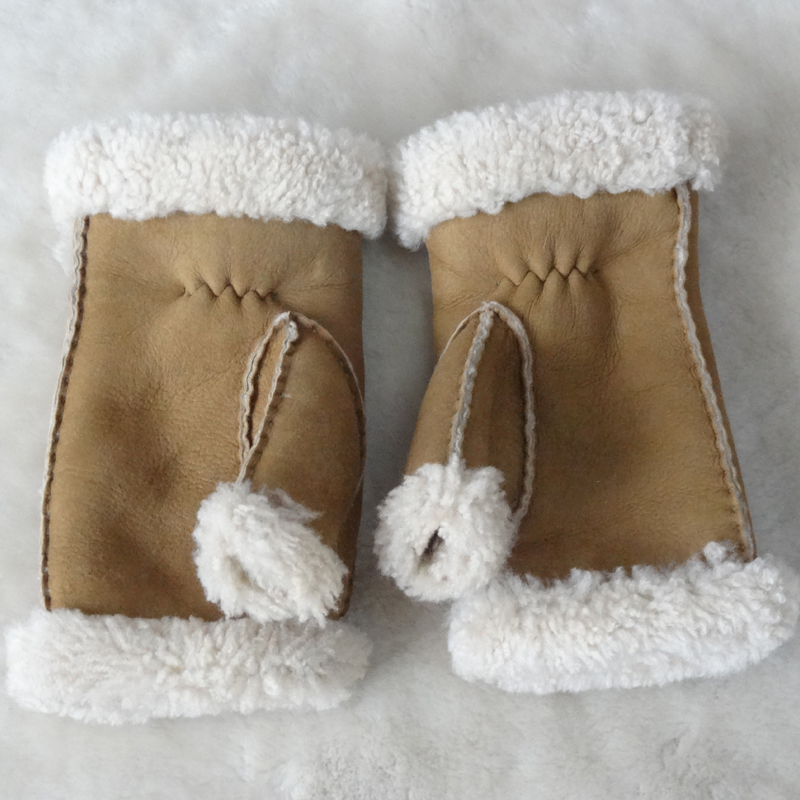 Stock Ladies Lambskin Gloves with Curly Fur Trim Cuff Shealring Sheepskin Fingerless Gloves