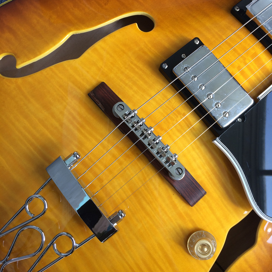 Hollow body jazz electric guitar, Chocolate color electric guitar with Tremolo system,Ebony Fingerboard