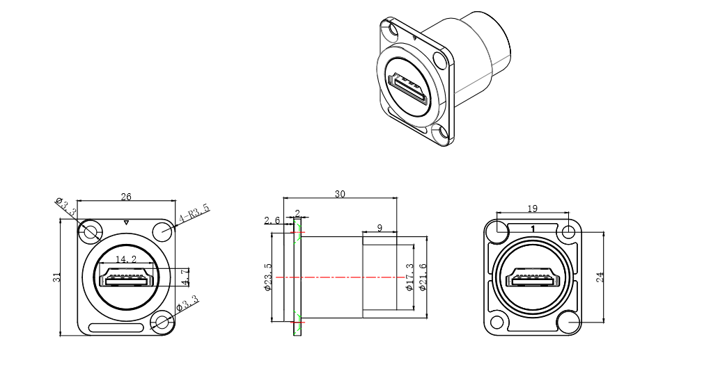 90 Degree Black Shell Audio Video Connectors 9 Pin Shielded RJ45 Female Straight XLR Socket for Data Cable & USB Connector