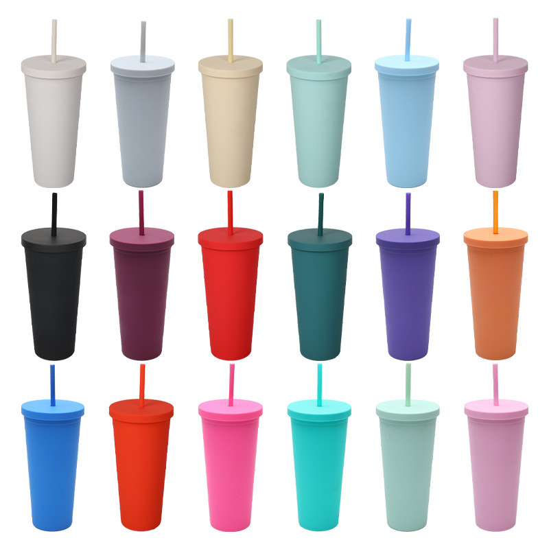 710ml Double Wall Plastic Tumbler Bulk Reusable Skinny 24 Oz Acrylic Tumbler With Lid And Straw For Water Iced Coffee Tea Soft Touch Finish