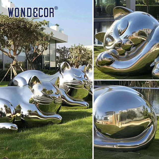 Large outdoor park metal art abstract animal cat stainless steel sculpture