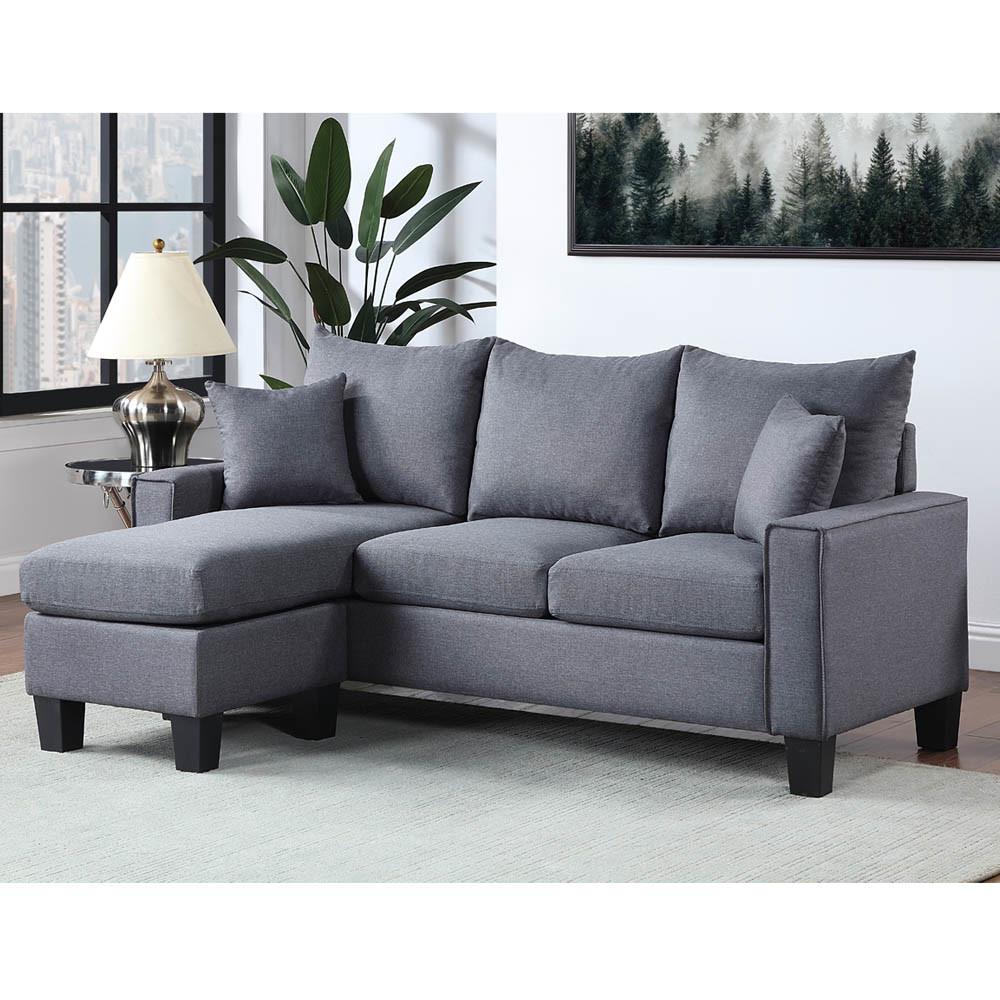 L Shaped Sectional Sofa with Reversible Chaise and 2 Pillows, Dark Gray Linen