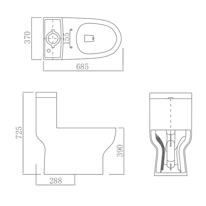 One Piece Ceramic Toilet Set 685×370×725mm Siphonic Flushing