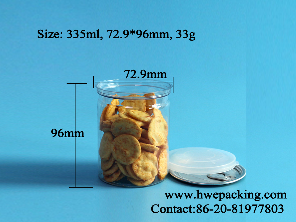 Cashew Biscuits Canned Food Eoe Plastic PET Can Transparent With Aluminum Lid 335ml