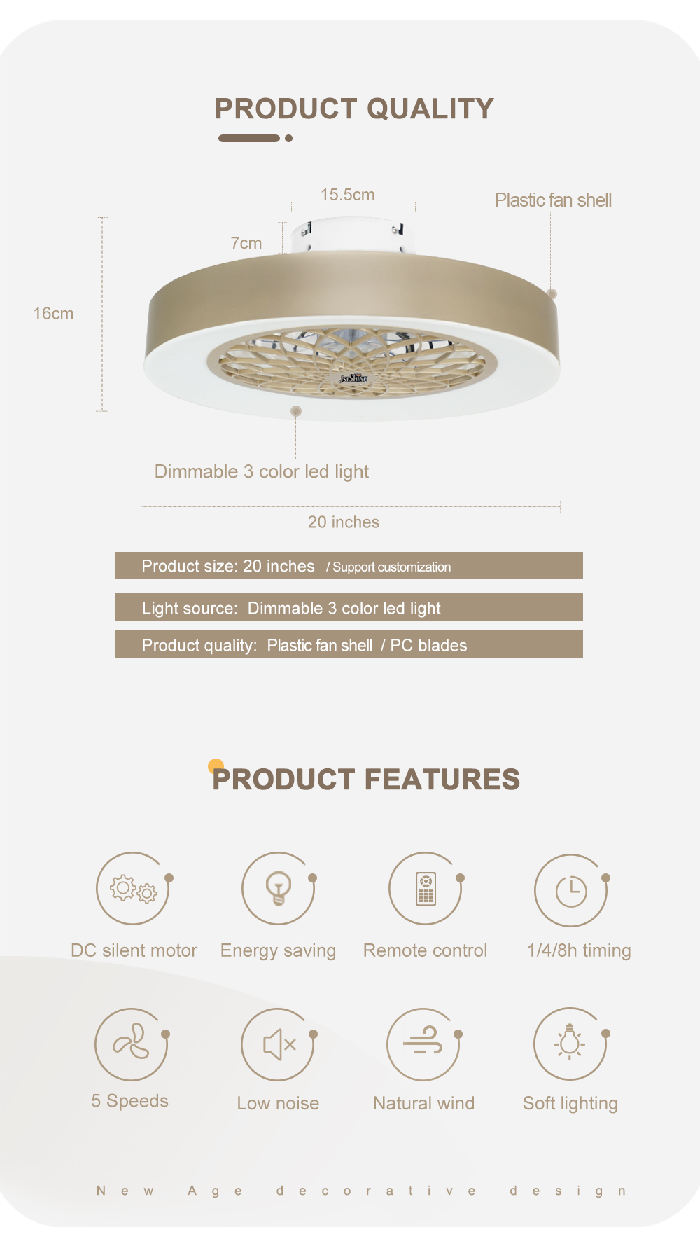 20" 3-Color LED Ceiling Fan with Remote Simple and Functional Design by 1stshine
