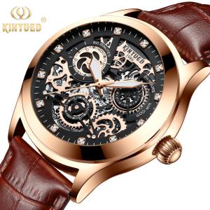 Quality KINYUED oem waterproof custom logo leather fashion tourbillon skeleton wrist watch luxury automatic watches mens watch wholesale