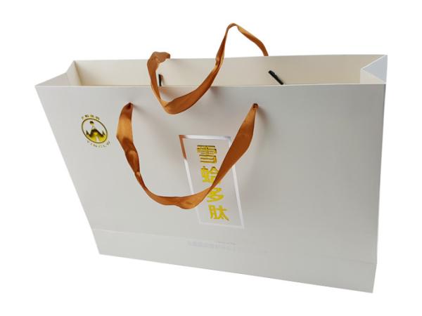 White Color Gloss Art Paper Bags Custom Design Logo Gold Hot Stamping Embossing