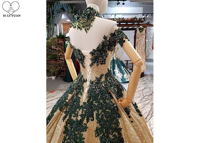 Sparkly Gold Off The Shoulder Prom Dress Green Lace Short Sleeve Sweep Train