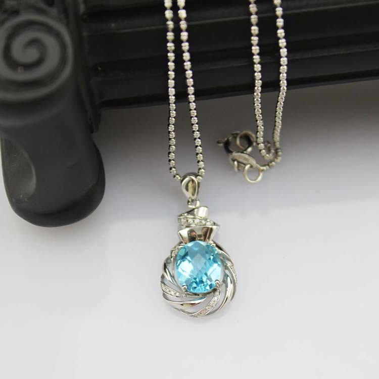 Sterling Silver Chain Necklace with 8x10mm Oval Amethyst Cubic Zircon Pendant (P45)