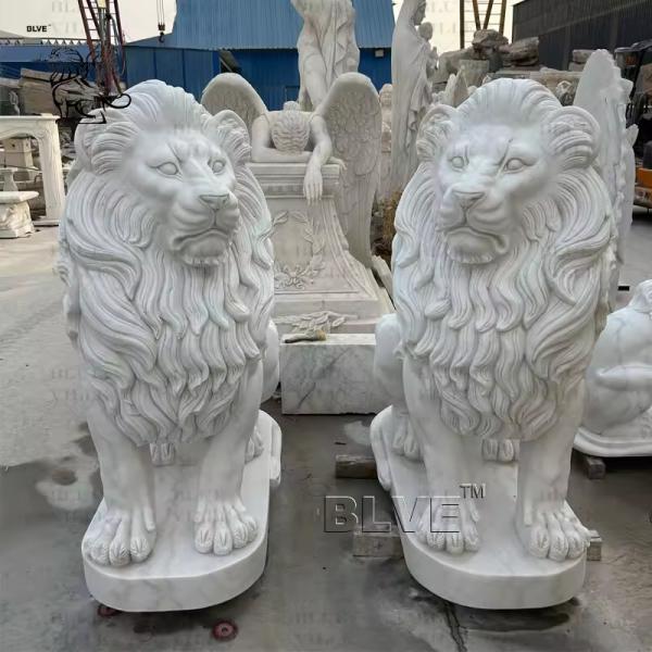 White Marble Lion Sculpture Outdoor Natural Stone Garden Animals Statue Hand