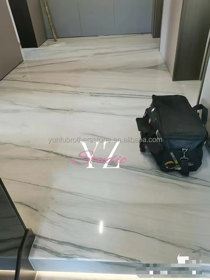 Modern Kitchen Floor and Stair White with Green/Grey Veins Calacatta Marble Book Match Table Countertop