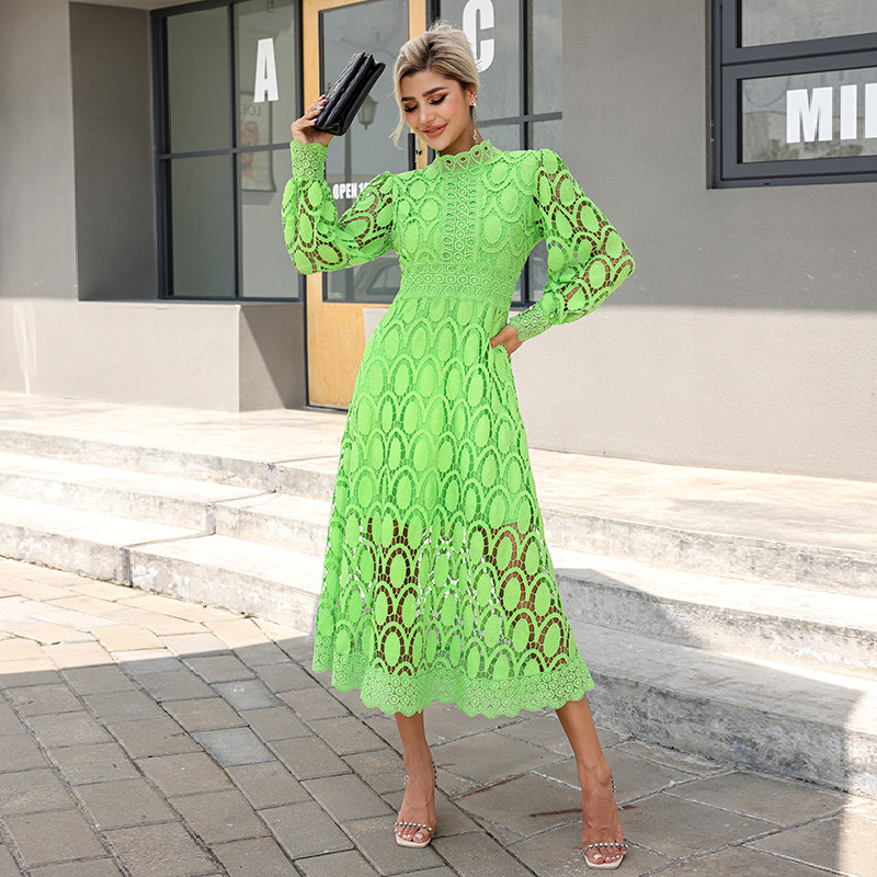 Crochet Cardigan Tie Front Kimono Cover Up Long Sleeve Sheer Boho Gypsy Circle Crochet Lace Trim Maxi Green Midi Dress