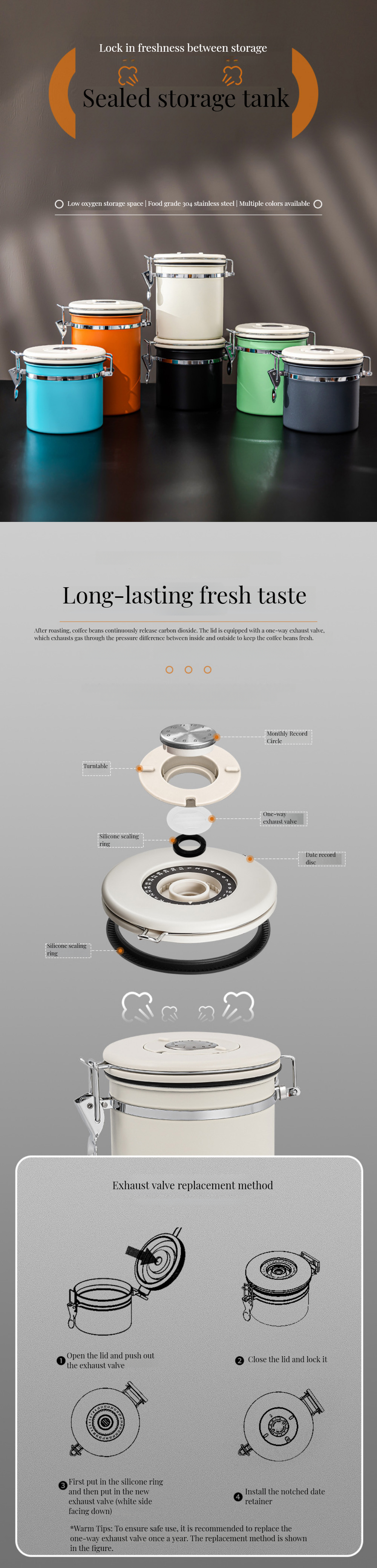 Food Storage Package Modern 304 Stainless Steel Coffee Can with Breathable Preservation