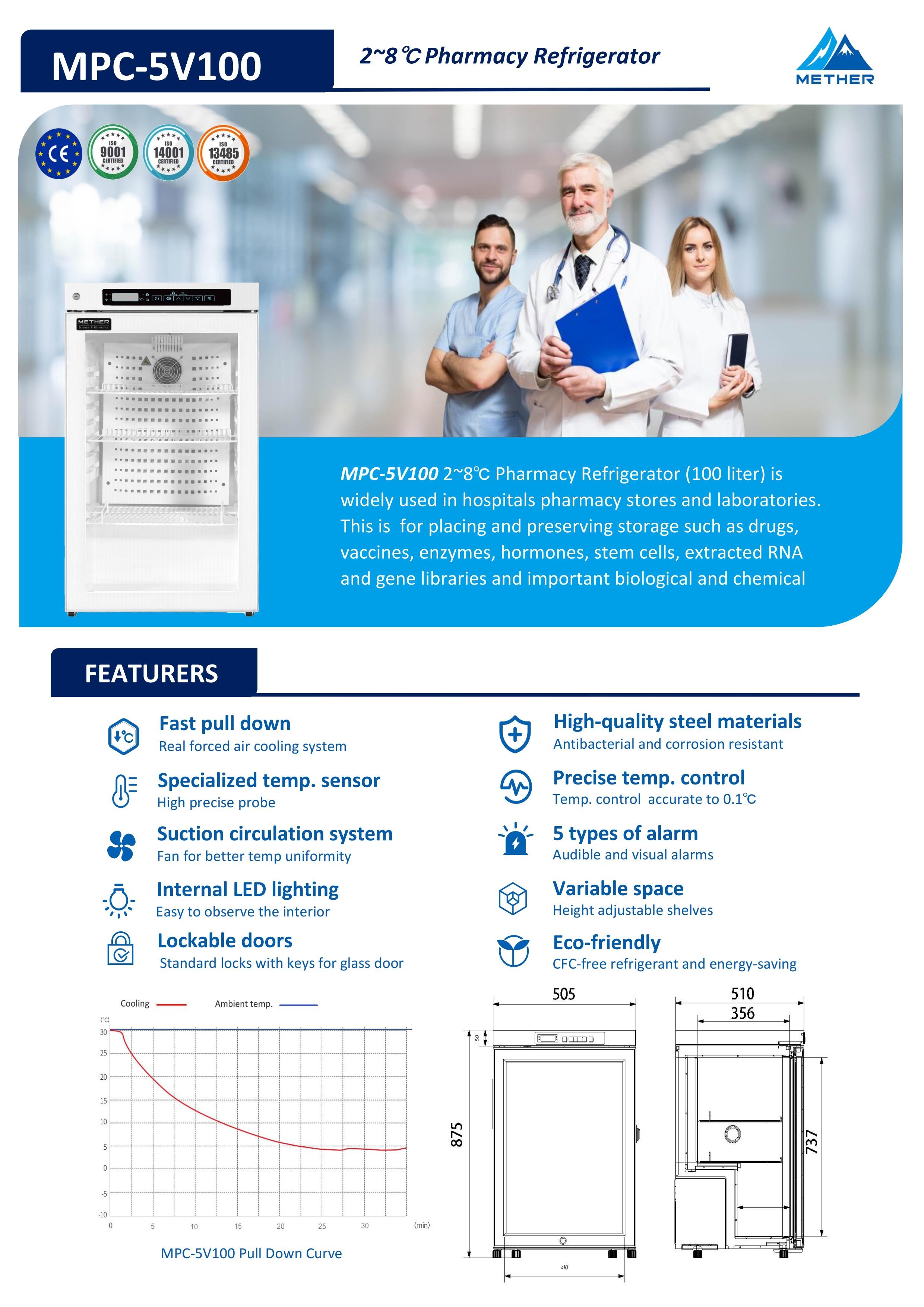 2~8℃ Medical Pharmacy Refrigerator 100L Vaccine & Medicine Fridge Laboratory & Hospital Cold Storage