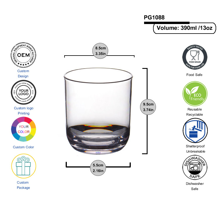 Reusable Wide Rim Plastic Whisky Tumbler Cups 390ml Food Safe