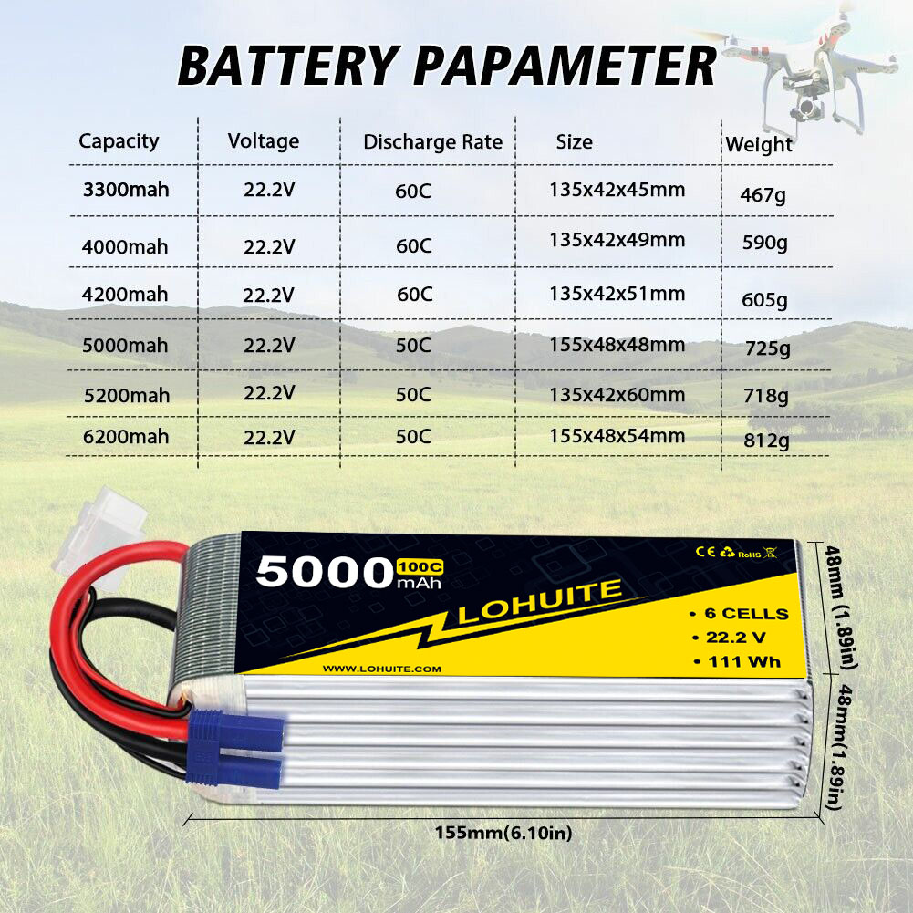 Other Anode Material 6S Lipo Battery 22.2v 5000mah 50C 100C Drone Battery with XT90