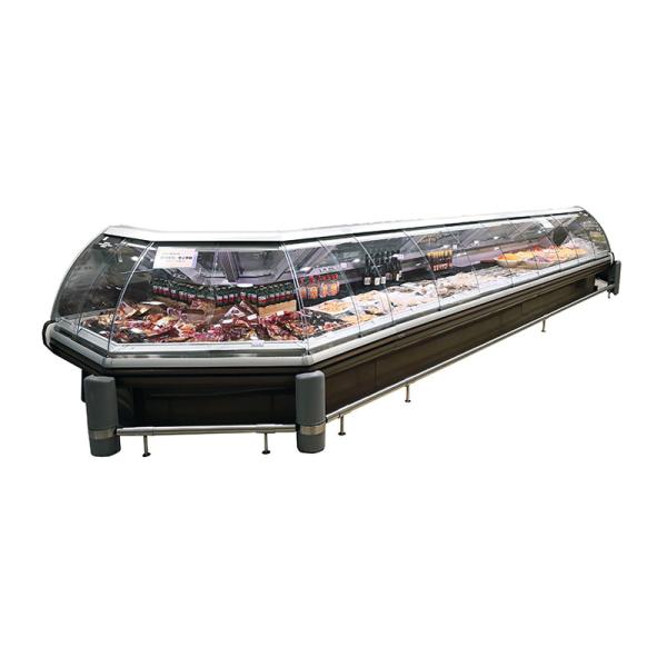 Refrigerated Display Counter With A Lift-Up Front Curved Glass Door For Serving