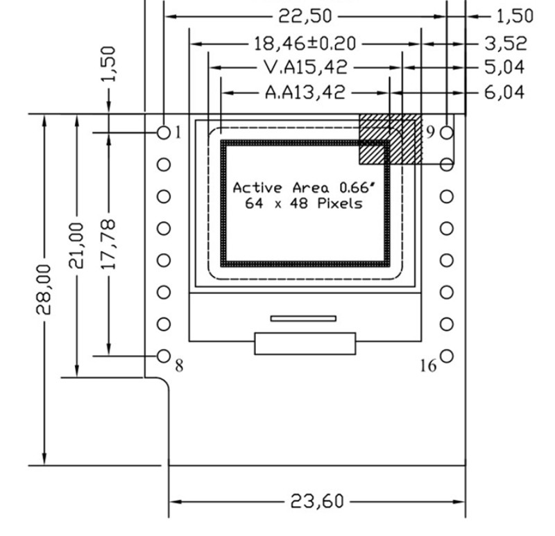 0.66 Inch IIC OLED Display 16 Pin With 64x48 Pixels, White/Blue Fonts Ultra-Low Power OLED Display