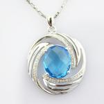 Sterling Silver Oval Blue Topaz Cubic Zirconia Charm Pendant (P18)