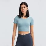Women Lulu Cropped Yoga Padded T Shirt Breathable Cross Back Gym Energy Top