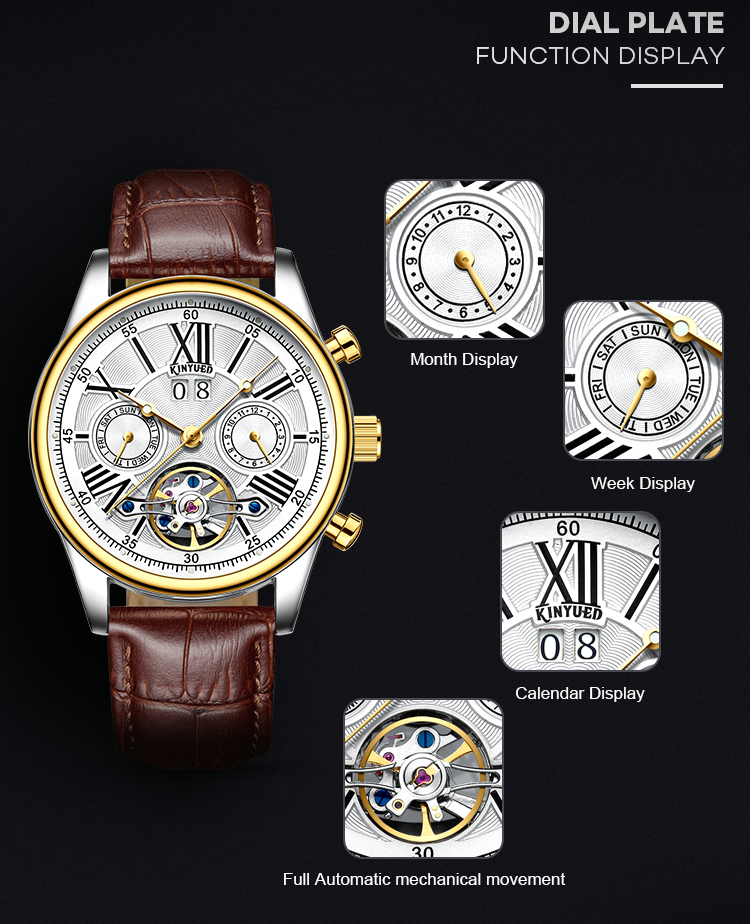 Brand KINYUED fashion mens wind up use hand water resistant tourbillon automatic watch
