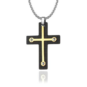 Quality Religious Christian Zircon Men's Cross Pendant Necklace in Stainless Steel with Gold Plating wholesale