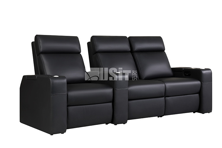 Furniture 3-Seat Push Back Reclining Black LeatherSoft Theater Seating Unit With Cup Holders