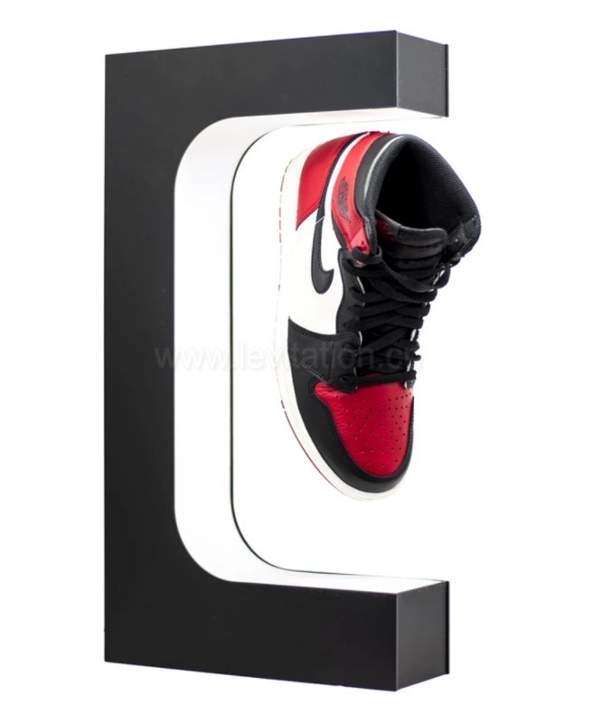 E shape customize led light magnetic levitation shoes display rack, floating shoes advertising stand