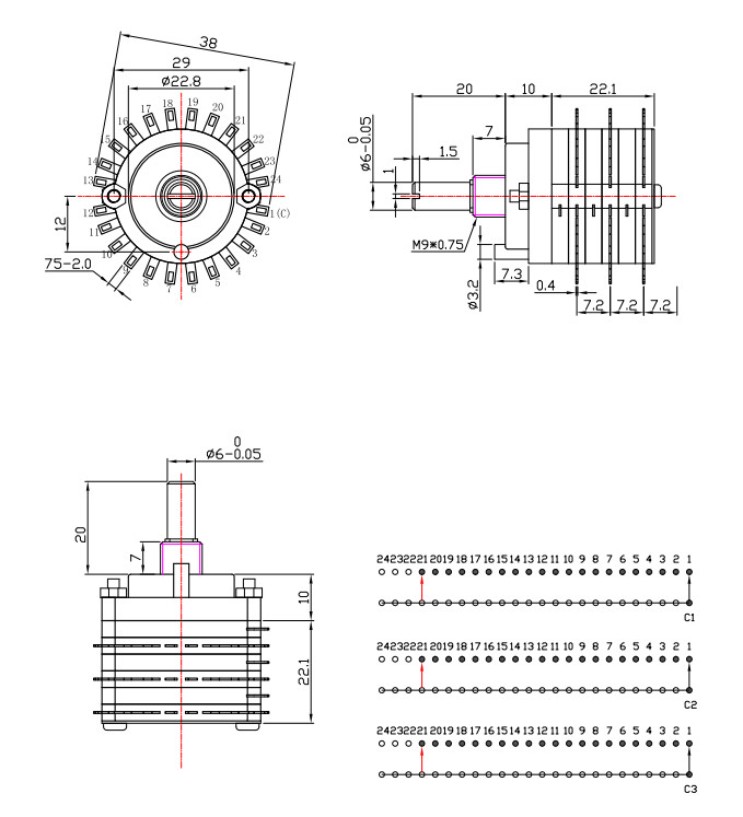 25mm Diameter Band Rotary Switch With Blue Dust Cover Used For Electric Appliance And Transducer