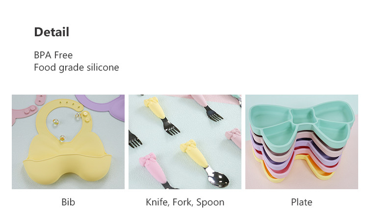Baby Geschirr Weaning Silicone Tableware Set Bib Plate Stainless Steel Spoon Knife Fork