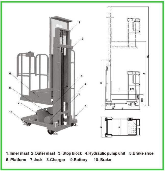 4.5m Platform Height Semi Automatic Electric Order Picker With 200kg Load Capacity