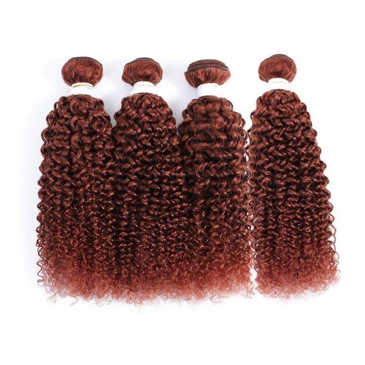 #33 Dark Auburn Kinky Curly Remy Human Hair Bundles Sew In Weave Bundles Brazilian Bundle Deals